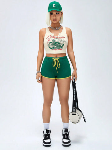 Letter & Motorcycle Print Vest And Shorts Set For Women Letter & Motorcycle Print Vest And Shorts Set For Women