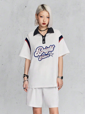 Polo Collar Contrast Color Street-Style Fashionable Playful Alphabet Print Top And Shorts Set Polo Collar Contrast Color Street-Style Fashionable Playful Alphabet Print Top And Shorts Set