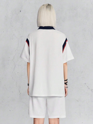 Polo Collar Contrast Color Street-Style Fashionable Playful Alphabet Print Top And Shorts Set Polo Collar Contrast Color Street-Style Fashionable Playful Alphabet Print Top And Shorts Set
