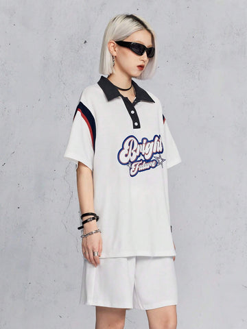 Polo Collar Contrast Color Street-Style Fashionable Playful Alphabet Print Top And Shorts Set Polo Collar Contrast Color Street-Style Fashionable Playful Alphabet Print Top And Shorts Set