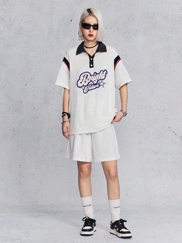 Polo Collar Contrast Color Street-Style Fashionable Playful Alphabet Print Top And Shorts Set Polo Collar Contrast Color Street-Style Fashionable Playful Alphabet Print Top And Shorts Set