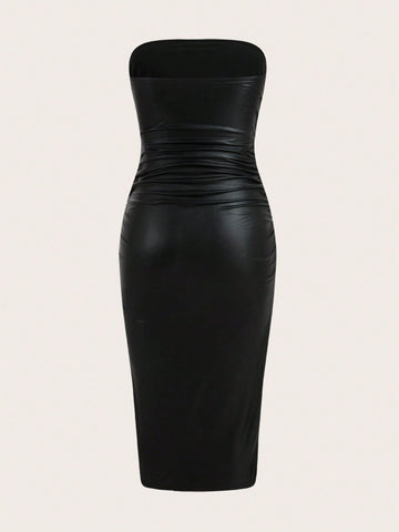 Split Thigh PU Leather Tube Bodycon Dress Split Thigh PU Leather Tube Bodycon Dress