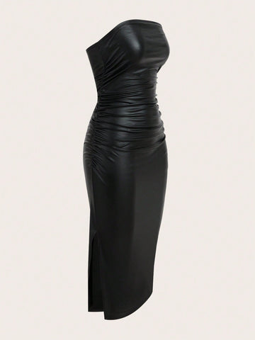 Split Thigh PU Leather Tube Bodycon Dress Split Thigh PU Leather Tube Bodycon Dress