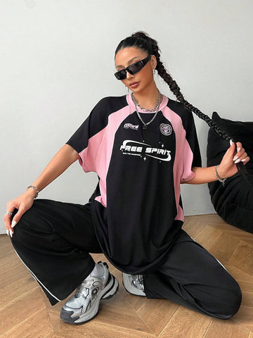 Coolane Women Letter Print Crew Neck Raglan Short Sleeve Loose Casual T-Shirt Coolane Women Letter Print Crew Neck Raglan Short Sleeve Loose Casual T-Shirt