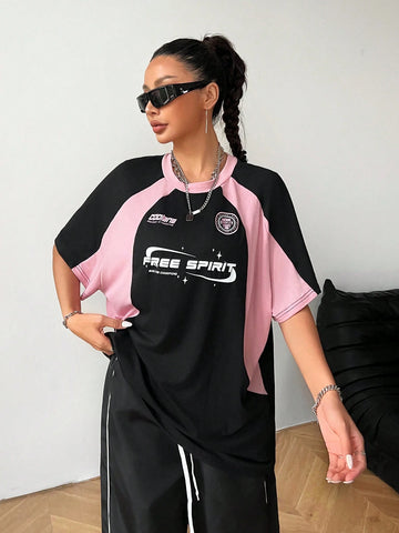 Coolane Women Letter Print Crew Neck Raglan Short Sleeve Loose Casual T-Shirt Coolane Women Letter Print Crew Neck Raglan Short Sleeve Loose Casual T-Shirt