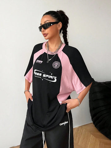 Coolane Women Letter Print Crew Neck Raglan Short Sleeve Loose Casual T-Shirt Coolane Women Letter Print Crew Neck Raglan Short Sleeve Loose Casual T-Shirt