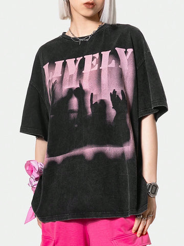 Coolane Women Loose Fit T-Shirt With Faded Rock Celebrity Print Coolane Women Loose Fit T-Shirt With Faded Rock Celebrity Print