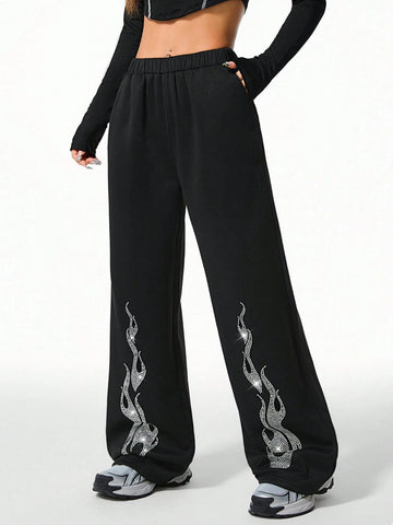 Coolane Women's Winter Y2K Music Festival Knit With Fleece Diamond Pattern Black Sweatpants Coolane Women's Winter Y2K Music Festival Knit With Fleece Diamond Pattern Black Sweatpants