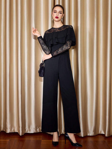 1pc Retro Elegant Daily Wear Jumpsuit, Fitted Lace Patchwork, Black Long Sleeve With Ruffle Trim Decor Thanksgiving Women Outfit Hollowed Costumes Masquerade Ball Dress Sexy Jumpsuit Outfits Concert 1pc Retro Elegant Daily Wear Jumpsuit, Fitted Lace Patchwork, Black Long Sleeve With Ruffle Trim Decor Thanksgiving Women Outfit Hollowed Costumes Masquerade Ball Dress Sexy Jumpsuit Outfits Concert