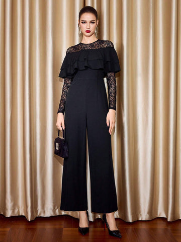 1pc Retro Elegant Daily Wear Jumpsuit, Fitted Lace Patchwork, Black Long Sleeve With Ruffle Trim Decor Thanksgiving Women Outfit Hollowed Costumes Masquerade Ball Dress Sexy Jumpsuit Outfits Concert 1pc Retro Elegant Daily Wear Jumpsuit, Fitted Lace Patchwork, Black Long Sleeve With Ruffle Trim Decor Thanksgiving Women Outfit Hollowed Costumes Masquerade Ball Dress Sexy Jumpsuit Outfits Concert