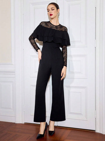 1pc Retro Elegant Daily Wear Jumpsuit, Fitted Lace Patchwork, Black Long Sleeve With Ruffle Trim Decor Thanksgiving Women Outfit Hollowed Costumes Masquerade Ball Dress Sexy Jumpsuit Outfits Concert 1pc Retro Elegant Daily Wear Jumpsuit, Fitted Lace Patchwork, Black Long Sleeve With Ruffle Trim Decor Thanksgiving Women Outfit Hollowed Costumes Masquerade Ball Dress Sexy Jumpsuit Outfits Concert