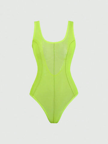 Fluorescent Sleeveless Backless Simple See-Through Bodysuit, Casual Vacation Fluorescent Sleeveless Backless Simple See-Through Bodysuit, Casual Vacation