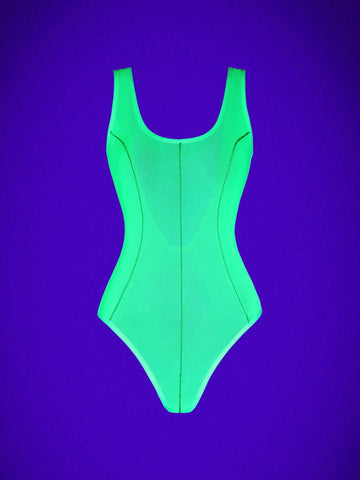 Fluorescent Sleeveless Backless Simple See-Through Bodysuit, Casual Vacation Fluorescent Sleeveless Backless Simple See-Through Bodysuit, Casual Vacation