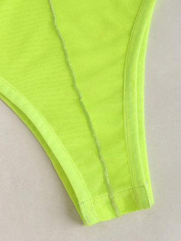 Fluorescent Sleeveless Backless Simple See-Through Bodysuit, Casual Vacation Fluorescent Sleeveless Backless Simple See-Through Bodysuit, Casual Vacation