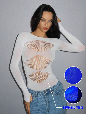 Women's Solid Color Crew Neck Long Sleeve Sexy Fitted Mesh Bodysuit Women's Solid Color Crew Neck Long Sleeve Sexy Fitted Mesh Bodysuit