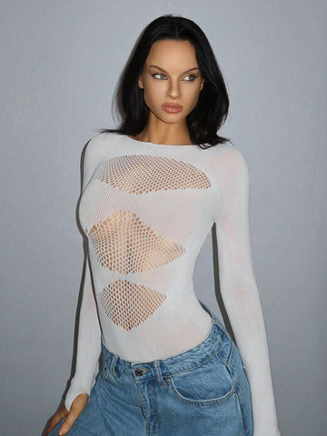 Women's Solid Color Crew Neck Long Sleeve Sexy Fitted Mesh Bodysuit Women's Solid Color Crew Neck Long Sleeve Sexy Fitted Mesh Bodysuit