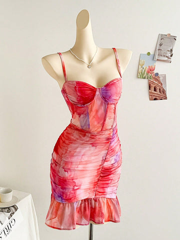 Vintage Mesh Tie Dye Sweater Bodice Pleated Ruched Romantic Bodycon Casual Vacation Day Dress For Women For Valentine's Day Vintage Mesh Tie Dye Sweater Bodice Pleated Ruched Romantic Bodycon Casual Vacation Day Dress For Women For Valentine's Day