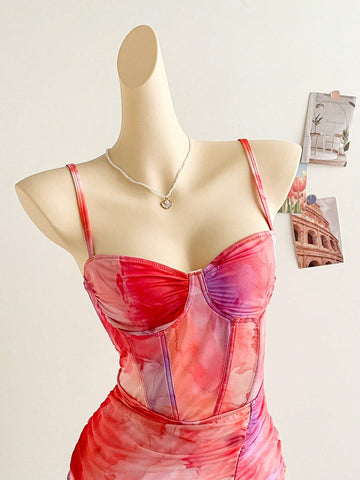 Vintage Mesh Tie Dye Sweater Bodice Pleated Ruched Romantic Bodycon Casual Vacation Day Dress For Women For Valentine's Day Vintage Mesh Tie Dye Sweater Bodice Pleated Ruched Romantic Bodycon Casual Vacation Day Dress For Women For Valentine's Day