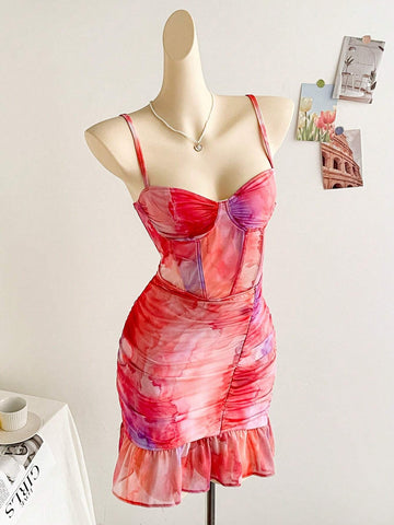 Vintage Mesh Tie Dye Sweater Bodice Pleated Ruched Romantic Bodycon Casual Vacation Day Dress For Women For Valentine's Day Vintage Mesh Tie Dye Sweater Bodice Pleated Ruched Romantic Bodycon Casual Vacation Day Dress For Women For Valentine's Day