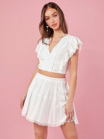 White Summer Women's Lace Patchwork V-Neck Top And Skirt Set White Summer Women's Lace Patchwork V-Neck Top And Skirt Set