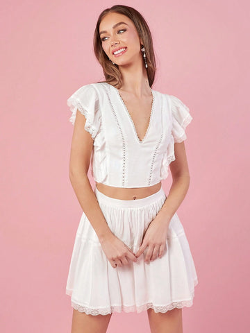 White Summer Women's Lace Patchwork V-Neck Top And Skirt Set White Summer Women's Lace Patchwork V-Neck Top And Skirt Set