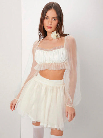 Women's Mesh Frill Hem Cropped Top And Skirt Set Women's Mesh Frill Hem Cropped Top And Skirt Set