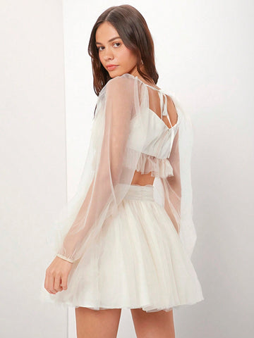 Women's Mesh Frill Hem Cropped Top And Skirt Set Women's Mesh Frill Hem Cropped Top And Skirt Set