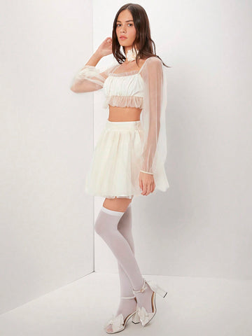 Women's Mesh Frill Hem Cropped Top And Skirt Set Women's Mesh Frill Hem Cropped Top And Skirt Set
