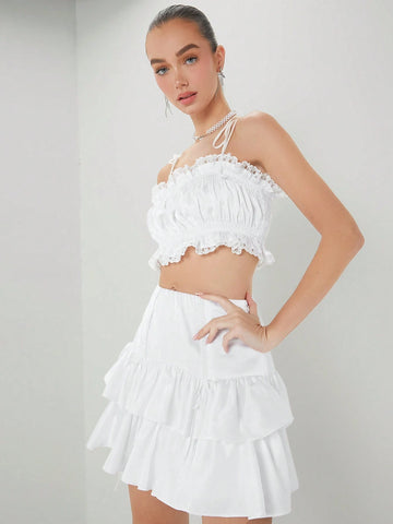 Women's Solid Color Lace Trimmed Camisole Top & Ruffle Hem Skirt Set Women's Solid Color Lace Trimmed Camisole Top & Ruffle Hem Skirt Set