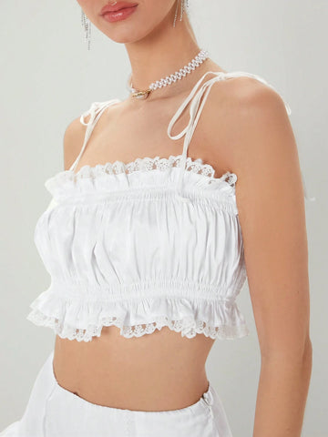 Women's Solid Color Lace Trimmed Camisole Top & Ruffle Hem Skirt Set Women's Solid Color Lace Trimmed Camisole Top & Ruffle Hem Skirt Set