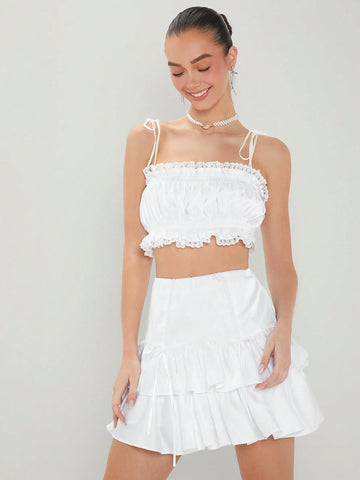 Women's Solid Color Lace Trimmed Camisole Top & Ruffle Hem Skirt Set Women's Solid Color Lace Trimmed Camisole Top & Ruffle Hem Skirt Set