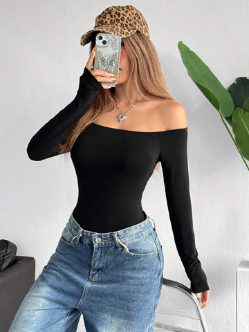 1pc Women's Brown Knit Off-Shoulder Bodysuit 1pc Women's Brown Knit Off-Shoulder Bodysuit