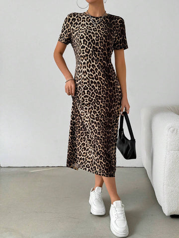 1pc Leopard Print Long T-Shirt Dress For Women, Summer 1pc Leopard Print Long T-Shirt Dress For Women, Summer