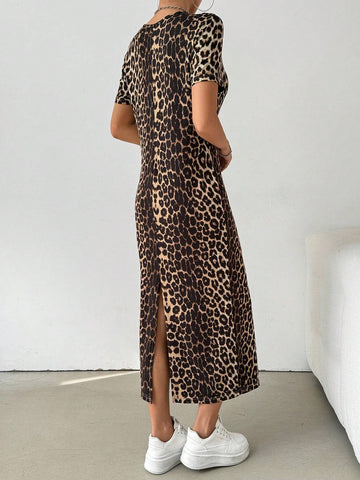 1pc Leopard Print Long T-Shirt Dress For Women, Summer 1pc Leopard Print Long T-Shirt Dress For Women, Summer
