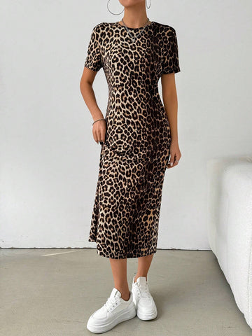 1pc Leopard Print Long T-Shirt Dress For Women, Summer 1pc Leopard Print Long T-Shirt Dress For Women, Summer