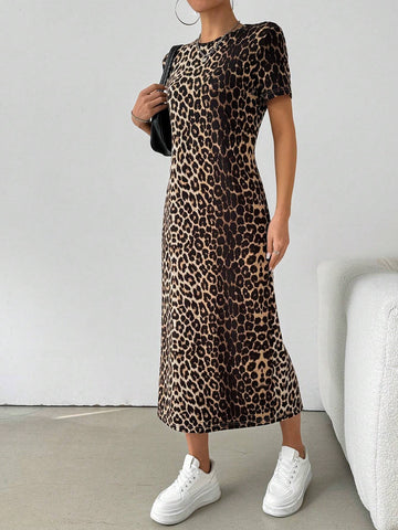 1pc Leopard Print Long T-Shirt Dress For Women, Summer 1pc Leopard Print Long T-Shirt Dress For Women, Summer