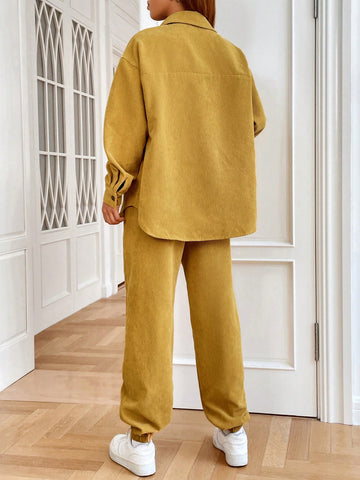 1pc Letter Patched Drop Shoulder Corduroy Shirt & 1pc Pants 1pc Letter Patched Drop Shoulder Corduroy Shirt & 1pc Pants