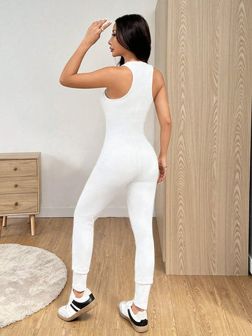 1pc Solid Color Sleeveless Bodycon Jumpsuit, Summer 1pc Solid Color Sleeveless Bodycon Jumpsuit, Summer