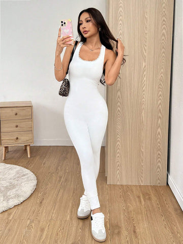 1pc Solid Color Sleeveless Bodycon Jumpsuit, Summer 1pc Solid Color Sleeveless Bodycon Jumpsuit, Summer