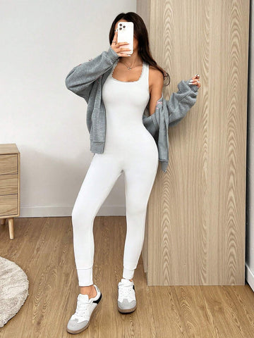 1pc Solid Color Sleeveless Bodycon Jumpsuit, Summer 1pc Solid Color Sleeveless Bodycon Jumpsuit, Summer