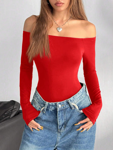 1pc Women's Red Knit Off-Shoulder Bodysuit 1pc Women's Red Knit Off-Shoulder Bodysuit
