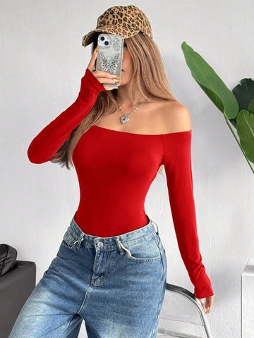 1pc Women's Red Knit Off-Shoulder Bodysuit 1pc Women's Red Knit Off-Shoulder Bodysuit