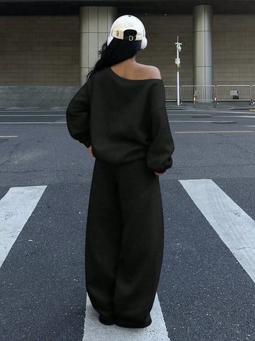 2-Piece Women's Set: Wide Open Neckline Off Shoulder Loose Casual Sweatshirt And Wide Leg Long Sweatpants, Thermal Lined, Suitable For Autumn/Winter 2-Piece Women's Set: Wide Open Neckline Off Shoulder Loose Casual Sweatshirt And Wide Leg Long Sweatpants, Thermal Lined, Suitable For Autumn/Winter