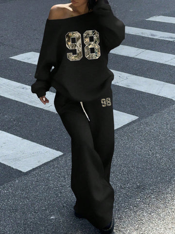 2-Piece Women's Set: Wide Open Neckline Off Shoulder Loose Casual Sweatshirt And Wide Leg Long Sweatpants, Thermal Lined, Suitable For Autumn/Winter 2-Piece Women's Set: Wide Open Neckline Off Shoulder Loose Casual Sweatshirt And Wide Leg Long Sweatpants, Thermal Lined, Suitable For Autumn/Winter