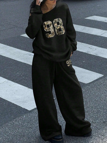 2-Piece Women's Set: Wide Open Neckline Off Shoulder Loose Casual Sweatshirt And Wide Leg Long Sweatpants, Thermal Lined, Suitable For Autumn/Winter 2-Piece Women's Set: Wide Open Neckline Off Shoulder Loose Casual Sweatshirt And Wide Leg Long Sweatpants, Thermal Lined, Suitable For Autumn/Winter