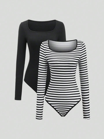 2pcs Black & Black-White Striped Square Neck Long Sleeve Bodysuit Set 2pcs Black & Black-White Striped Square Neck Long Sleeve Bodysuit Set