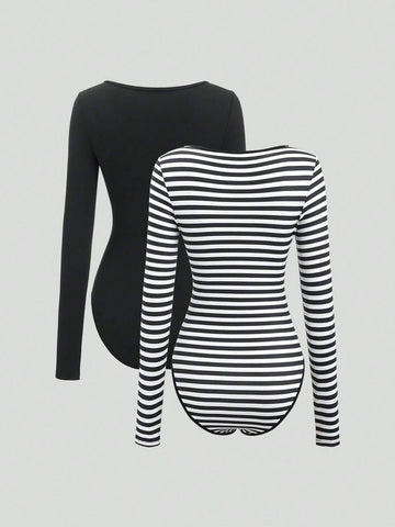 2pcs Black & Black-White Striped Square Neck Long Sleeve Bodysuit Set 2pcs Black & Black-White Striped Square Neck Long Sleeve Bodysuit Set