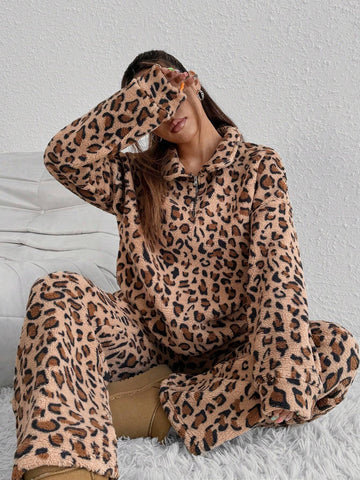 2pcs Women Leopard Print Fuzzy Long Sleeve Shirt And Long Pants Set 2pcs Women Leopard Print Fuzzy Long Sleeve Shirt And Long Pants Set