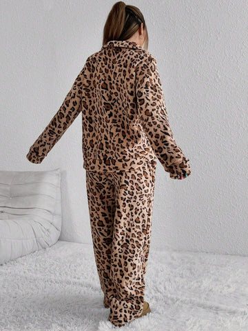 2pcs Women Leopard Print Fuzzy Long Sleeve Shirt And Long Pants Set 2pcs Women Leopard Print Fuzzy Long Sleeve Shirt And Long Pants Set