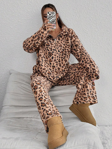 2pcs Women Leopard Print Fuzzy Long Sleeve Shirt And Long Pants Set 2pcs Women Leopard Print Fuzzy Long Sleeve Shirt And Long Pants Set